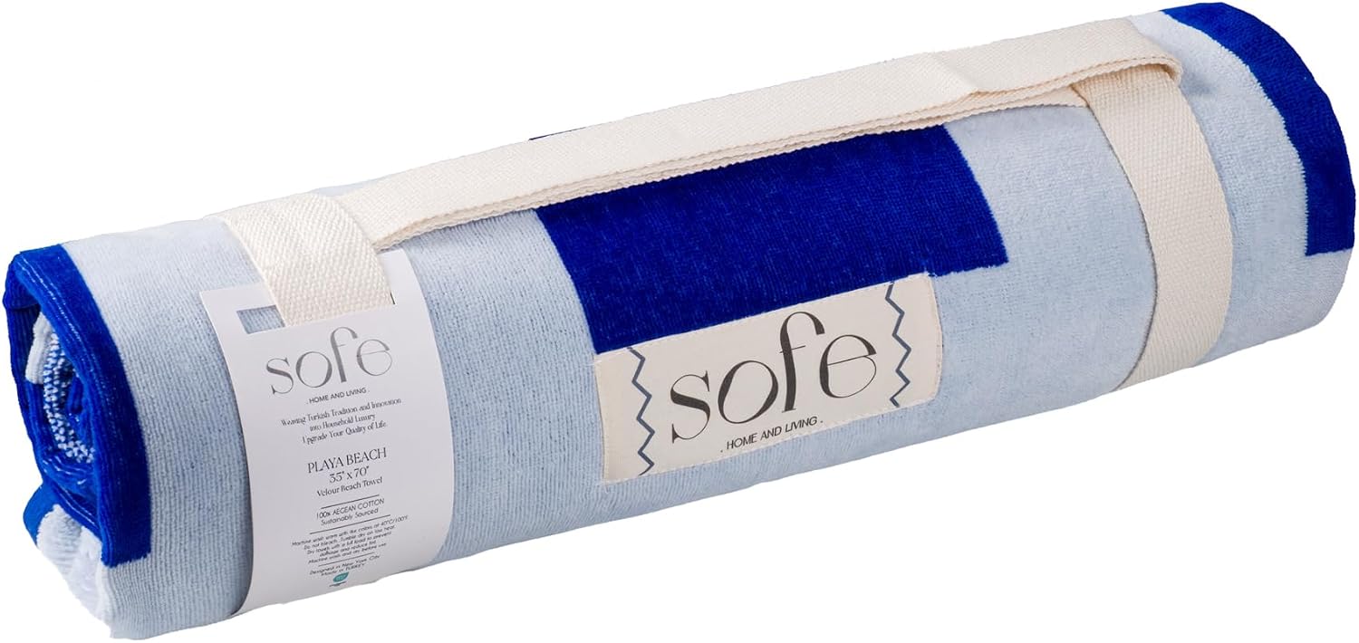 Large Velour Beach Towel (Single Pack, 35 x 70 Inches, Blue)